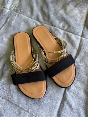 Women's Black and Gold Slide Sandals
